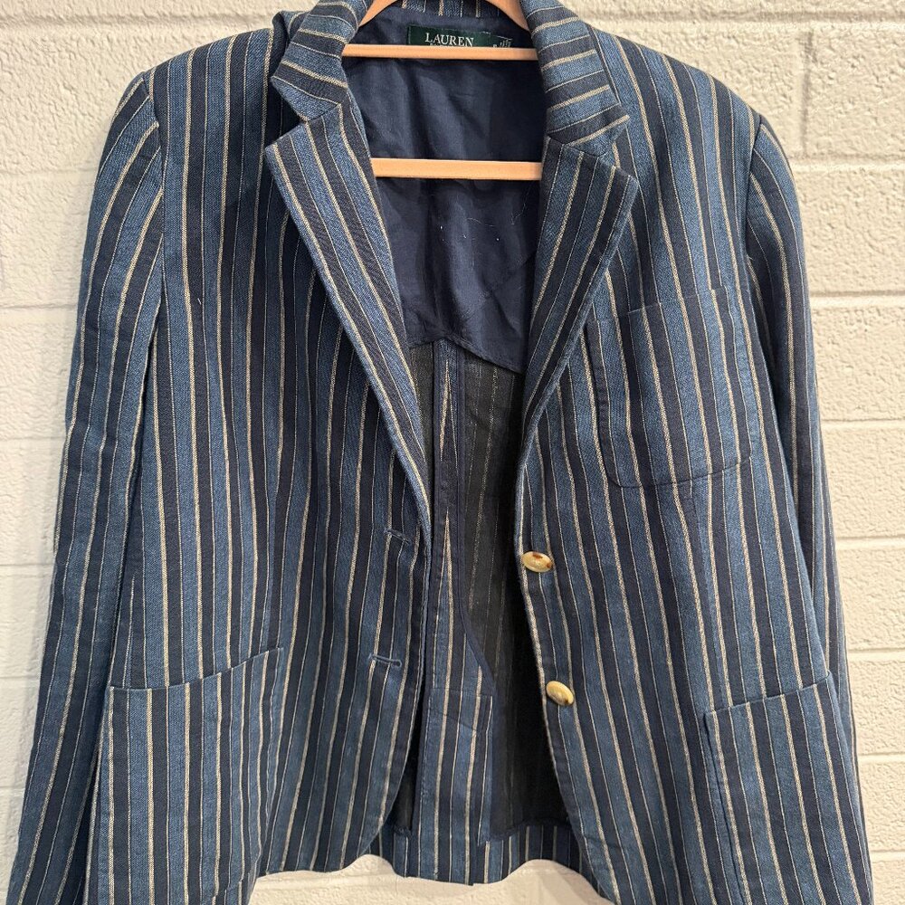 Lauren Ralph Lauren Striped Blazer Size 16 Blue Pinstripe Cotton Jacket